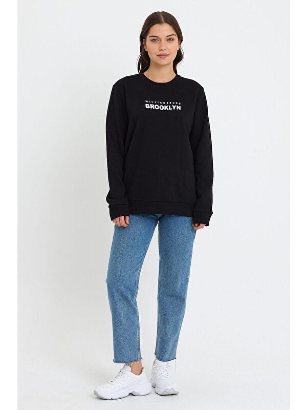 Süperlife Kadın Bisiklet Yaka Rahat Kalıp 3 iplik Kalın Brooklyn Baskılı Sweatshirt SPR24swk29