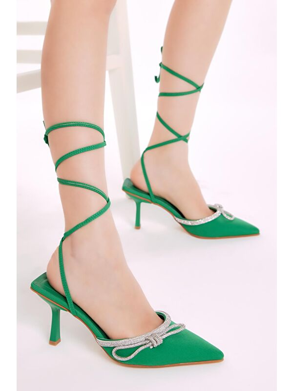 Kadın Yeşil Gecce Serisi Taş İşlemeli Fiyonklu Sivri Burunlu Topuklu Ayakkabı - Görsel 2