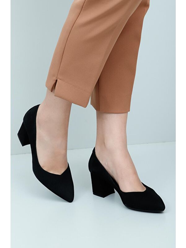 SİYAH Hakiki Deri Sivri Burun Orta Kalın Topuklu Kadın Ayakkabı 24170 - Görsel 2