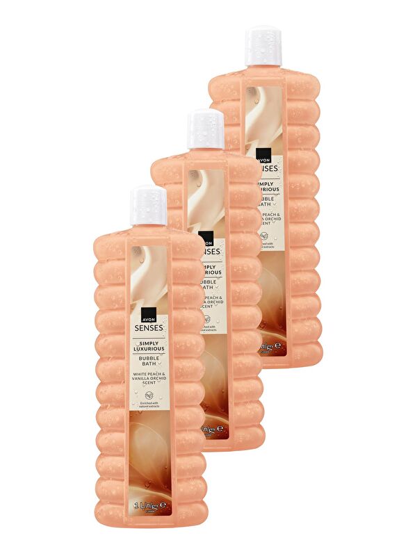 AVON Simply Luxurious Beyaz Şeftali ve Vanilya Kokulu Banyo Köpüğü 1 Lt. Üçlü Set