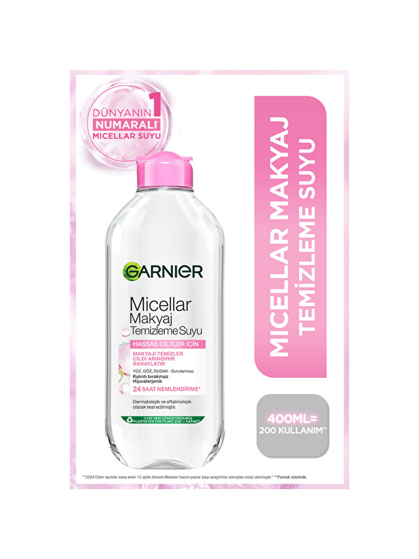 GARNIER Micellar Makyaj Temizleme Suyu 400ml, 24 Saat Nemlendirme, Hassas Ciltler Için