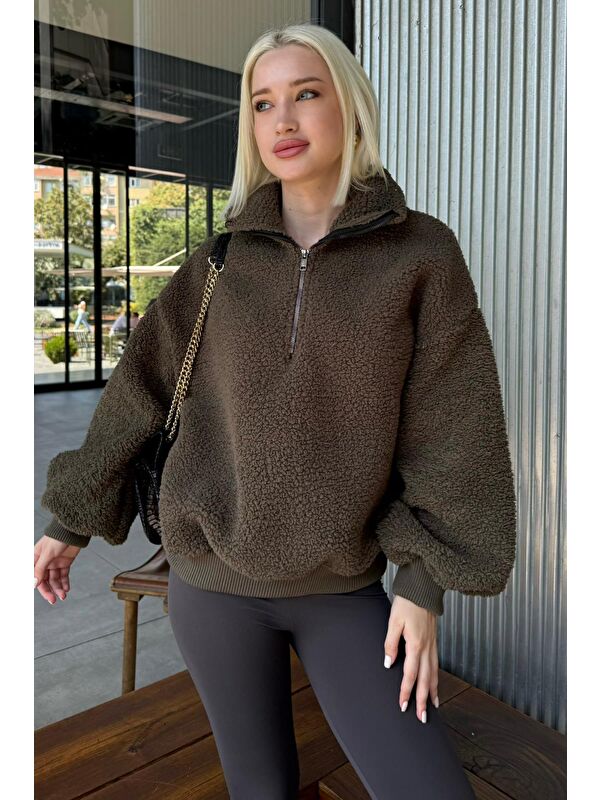 Madmext Haki Peluş Fermuar Yaka Sweatshirt Mg1413