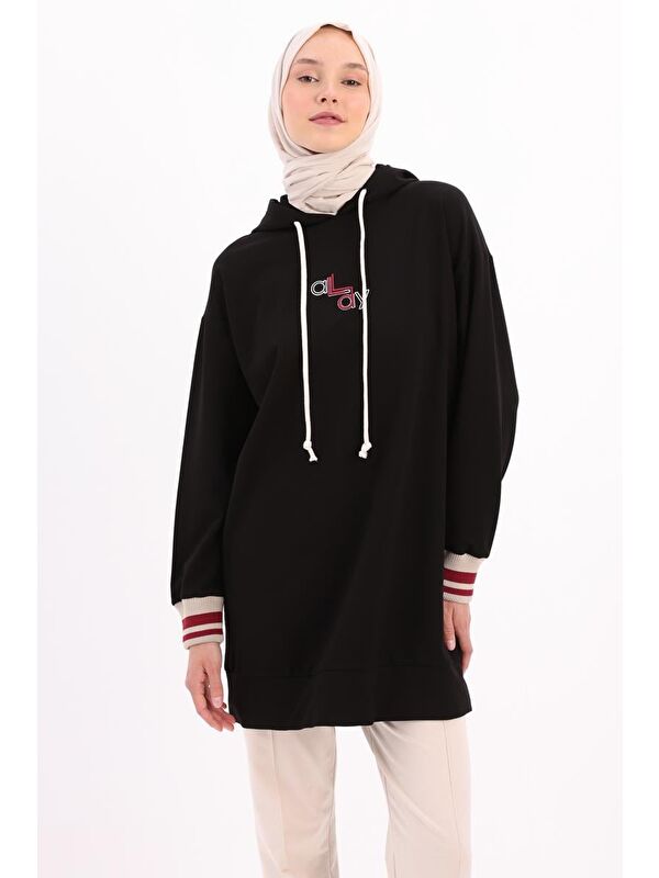 ALLDAY Siyah Kapüşonlu Yakası Nakışlı Sweat Tunik
