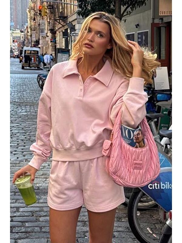 Madmext Pembe Polo Yaka Kadın Şort Sweatshirt Takım Mg2375