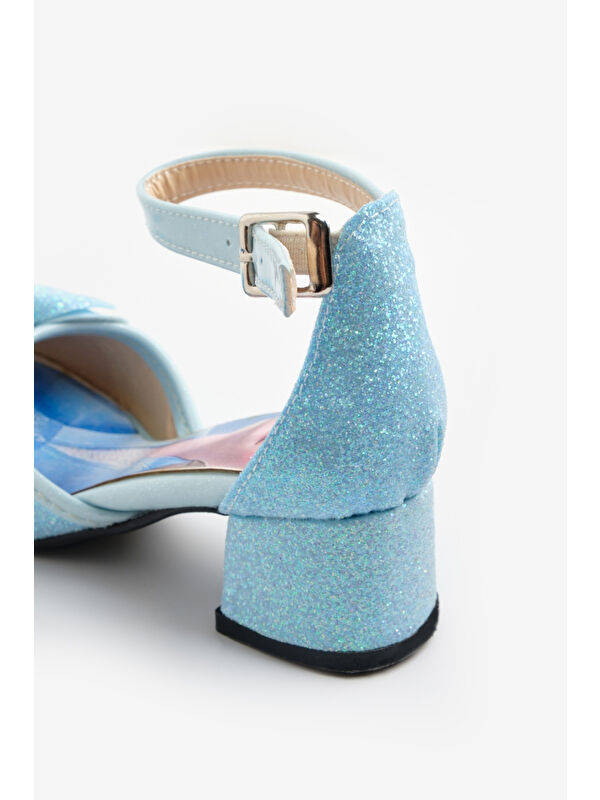 Mavi Simli Fiyonklu Kız Çocuk Topuklu Ayakkabı - Görsel 3