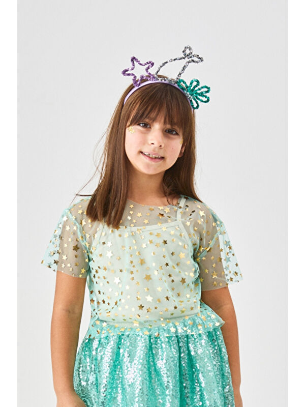 Le Mabelle Mint  Yıldız Baskılı Kız Çocuk Tül Crop Bluz