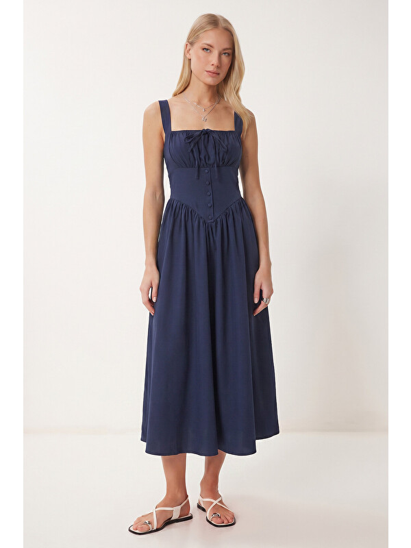 Happiness İstanbul Korse Görünümlü Poplin Midi Elbise LACİVERT LUB0354