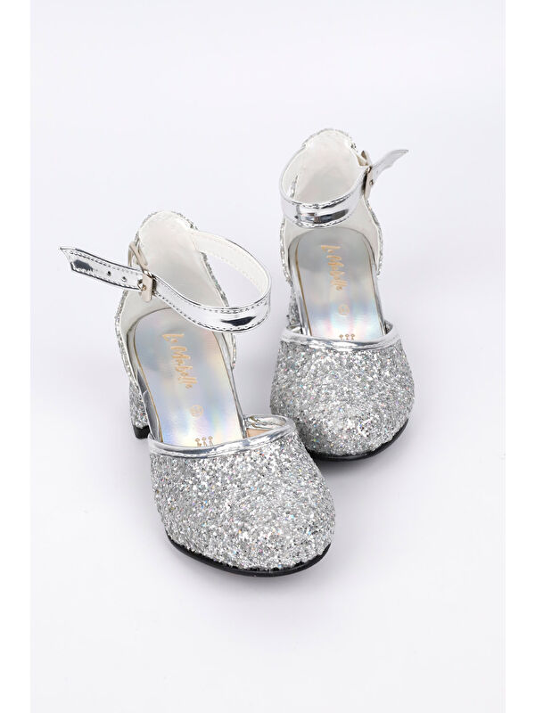 Gümüş Simli Topuklu Kız Çocuk Ayakkabı - Görsel 2