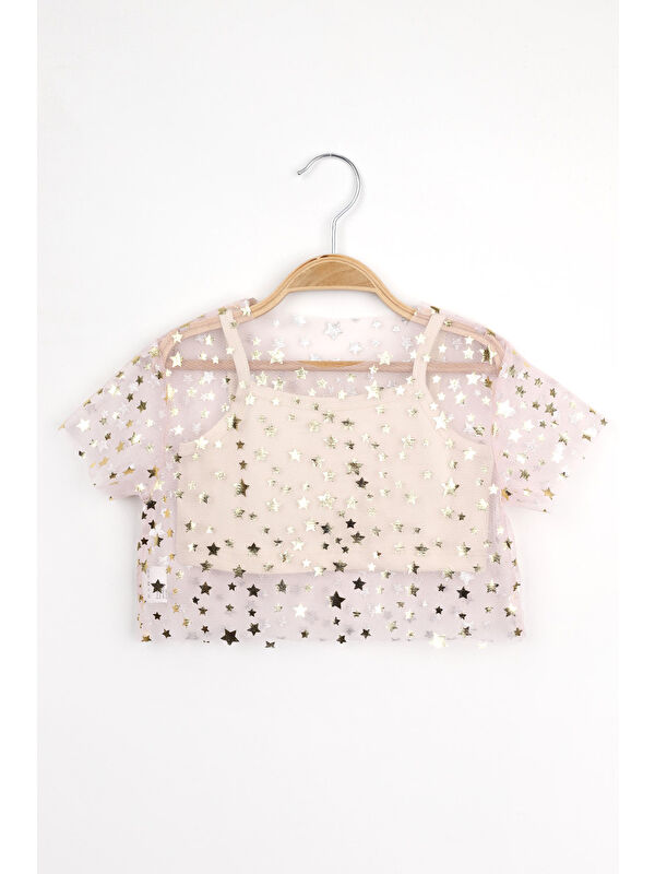 Le Mabelle Pudra  Yıldız Baskılı Kız Çocuk Tül Crop Bluz