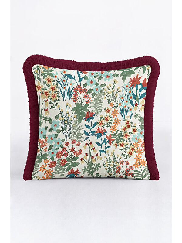 Milbay Grup Göz alıcı Çiçek Bahçesi Saçaklı Yastık Kılıfı - Floral Vintage Bohem Bordo Püsküllü Kırlent Kılıfı