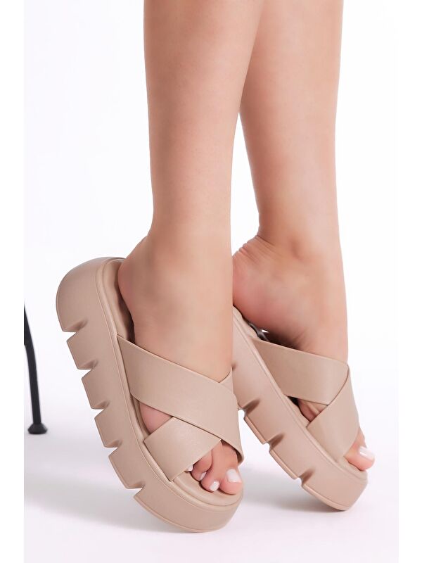 Kadın Krem Çapraz Bantlı Yüksek Taban Terlik - Görsel 4