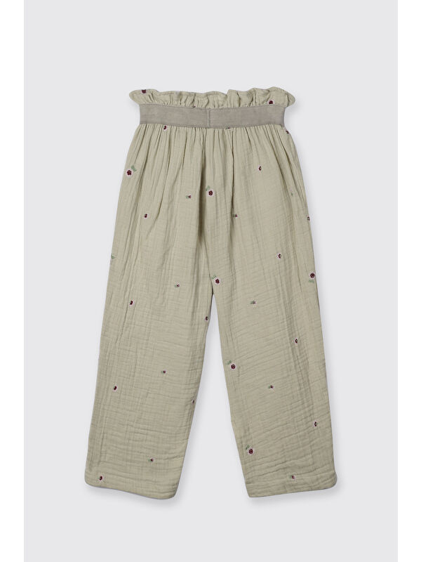 Panço Kız Çocuk Çiçek Desenli Müslin Yeşil Pantolon