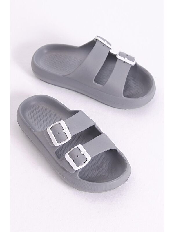 Kadın Gri Rahat Kalıp Tokalı Yüksek Taban Eva Terlik - Görsel 3