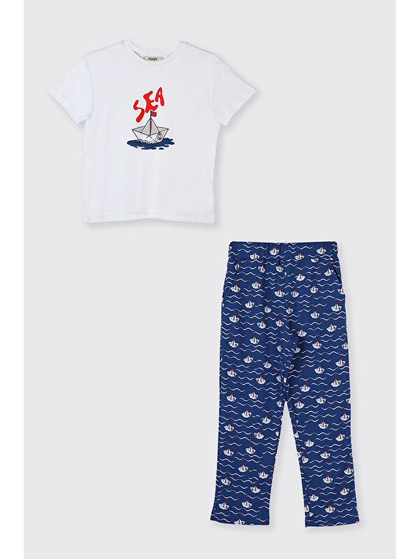 Panço Erkek Çocuk Kayık Desenli Lacivert Pijama Takım