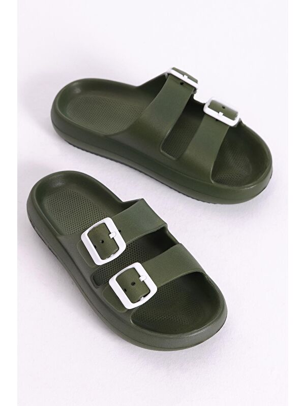 Kadın Haki Rahat Kalıp Tokalı Yüksek Taban Eva Terlik - Görsel 2