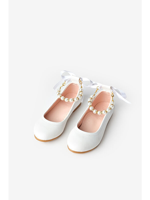 Beyaz İncili Topuğu Fiyonklu Kız Çocuk Ayakkabı - Görsel 2