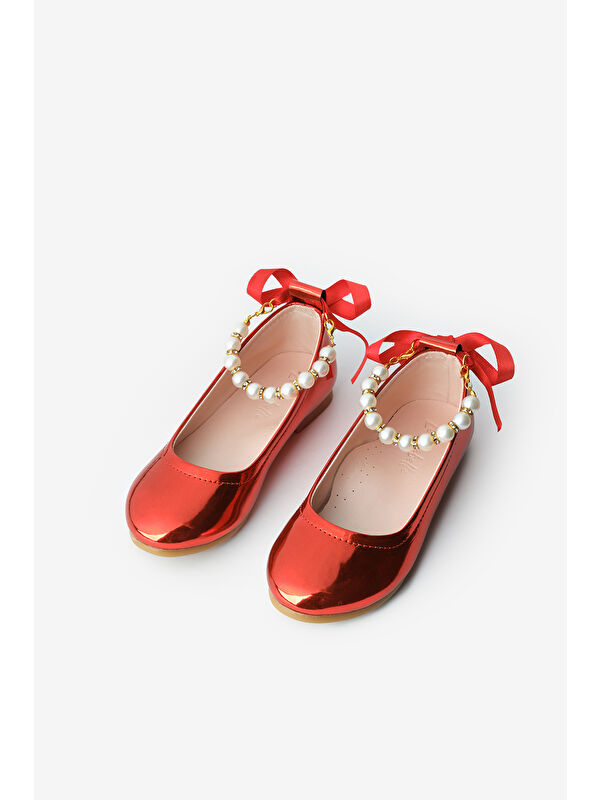 Kırmızı İncili Topuğu Fiyonklu Kız Çocuk Ayakkabı - Görsel 2