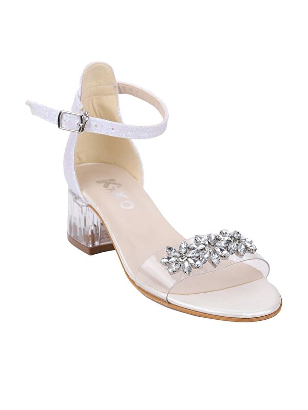 Yangu Kum Simli Taşlı Kız Çocuk 3 Cm Şeffaf Topuklu Sandalet Abiye Ayakkabı - Görsel 6