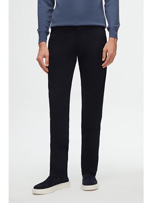 D'S damat Slim Fit Lacivert Armürlü Yan Beli Lastikli Esnek Elastanlı Yandan Cepli Chino Pantolon