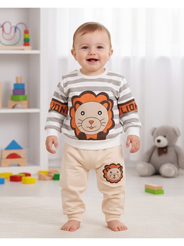 Ege Bebek Aslan Desenli Bebek Takımı (3-18 Ay) - Çizgili Uzun Kollu Sweatshirt ve Eşofman Altı