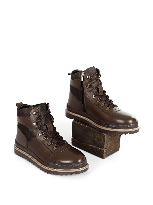 KAHVERENGİ Hakiki Deri Yuvarlak Burun Kauçuk Taban Bağcıklı Fermuarlı Günlük Erkek Bot 05803 - Görsel 3