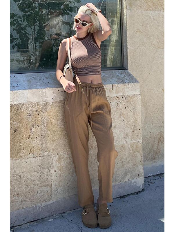 Madmext Camel Ayarlanabilir Bel Rahat Kesim Pantolon Mg2161