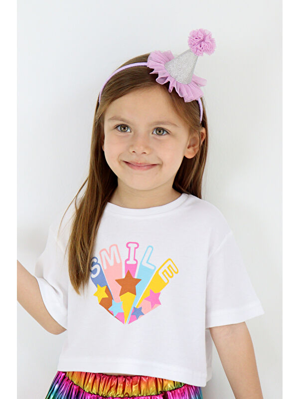 Le Mabelle Beyaz Smile Yıldız Baskılı Kız Çocuk Crop Tişört - Becky