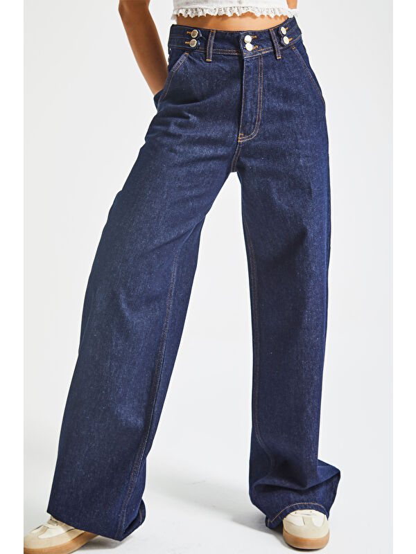 It's Basic Kadın İndigo Renk 7w5-50 Kemer Detaylı Wide Leg Fit %100 Pamuk Denim Jean