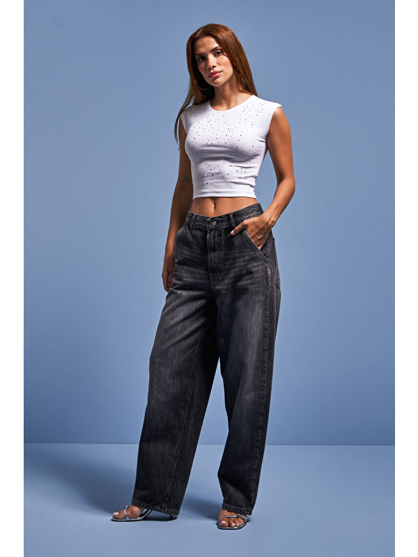 It's Basic Kadın Koyu Füme Renk Juniper Skater Fit %100 Pamuk Denim Jean
