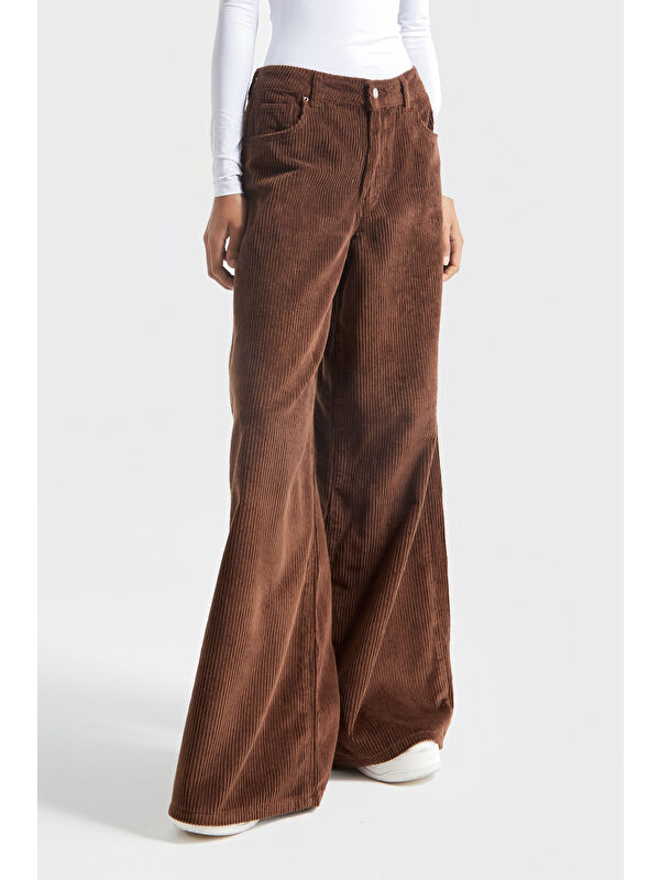 It's Basic Kadın Taba Renk Hera Kalın Fitilli Kadife Kumaş Palazzo Fit Pantolon