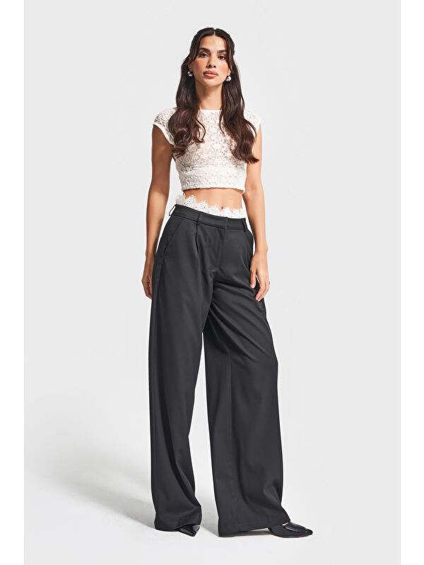 It's Basic Kadın Siyah Renk w5-1 Palazzo Fit Kemeri Dantel Detaylı Tasarım Pantolon