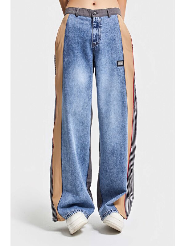 It's Basic Kadın Mavi Renk Palazzo Fit Kumaş Denim Parçalı Özel Tasarım Denim Jean