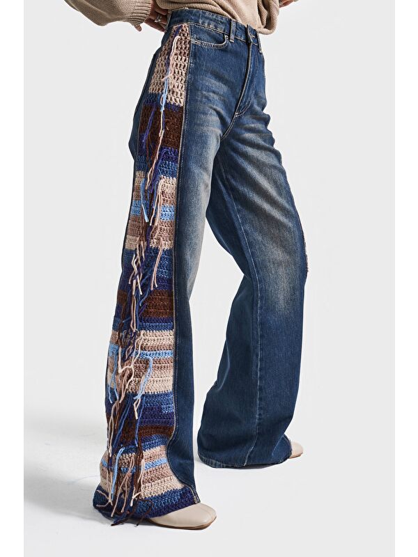 It's Basic Kadın Jean Rengi 2w5-8 Flare Palazzo Fit Etnik Örme Detaylı Viskon Kumaş Özel Tasarım Denim Jean