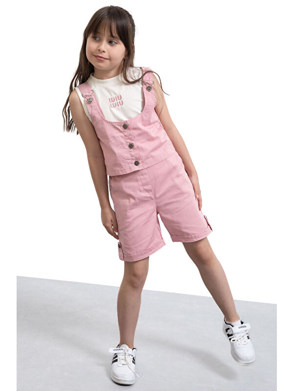 Cansın Mini Pembe Sıfır Kol Badili Düğmeli Yelekli Kız Çocuk 3lü Şortlu Takım 21036