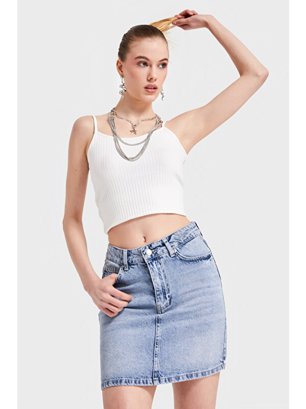 It's Basic Kadın Jean Rengi 4S527 Straight Fit Uzunluk 42cm Denim Etek