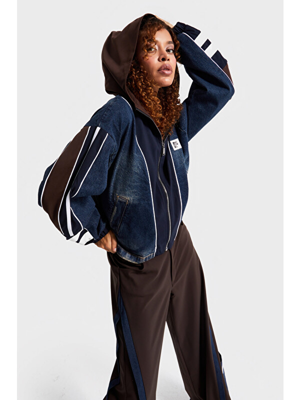 It's Basic Kadın Jean Rengi Denim Dokuma Çift Parça Kumaş Oversize Kapüşonlu Tasarım Denim Ceket