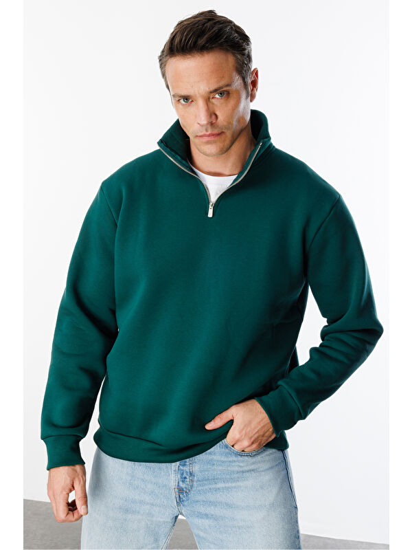Genius Store Unisex Sweatshirt Rahat Kesim Pamuklu Içi Polarlı Yarım Fermuarlı Dik Yaka Sweatshirt