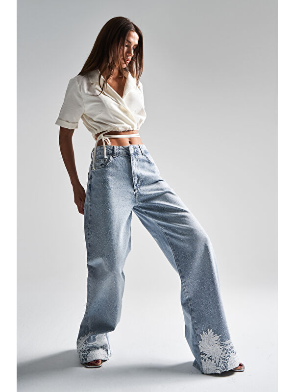It's Basic Kadın Snow Jean Rengi 4S5-3 Parlak Taşlı Dantelli Orta Bel %100 Pamuk Tasarım Denim Jean