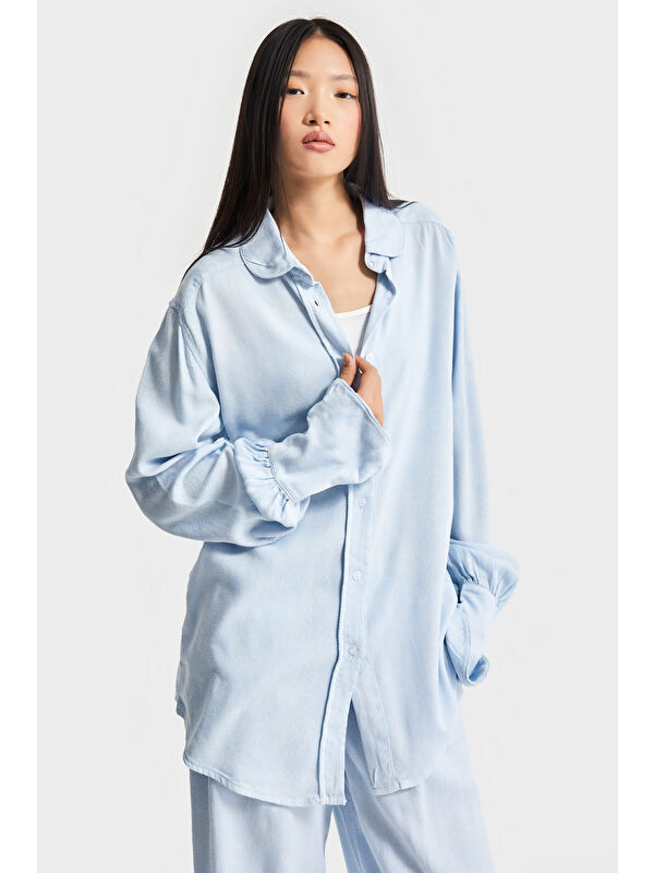 It's Basic Kadın Bebe Mavisi 6s5-103 Organik Keten Kumaş Oversize Bol Kesim Gömlek