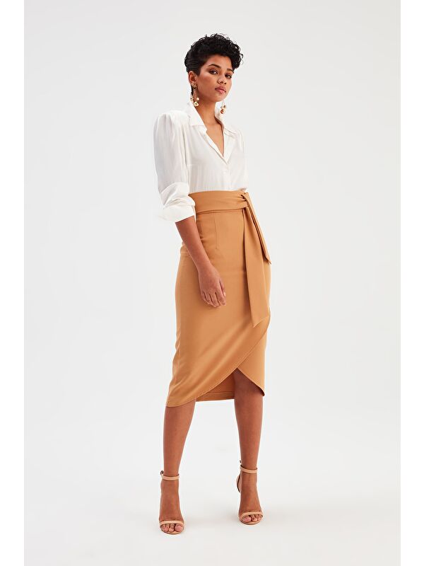 SATEEN Kuşaklı Kalem Etek - Camel