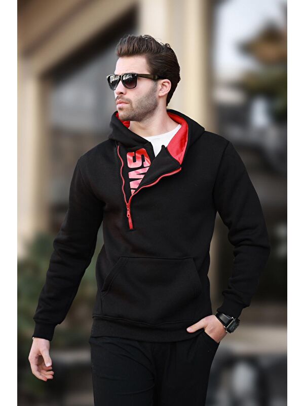 Madmext Siyah Fermuar Detaylı Kapüşonlu Erkek Hoodie 1767