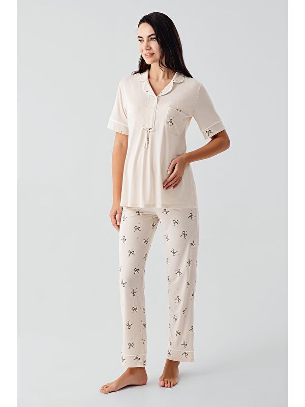 Artış Fiyonk Desenli Düğmeli Kısa Kollu Esnek Viskoz Hamile Pijama Takım 17207