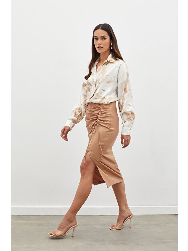 SATEEN Büzgü Detaylı Saten Etek - Camel