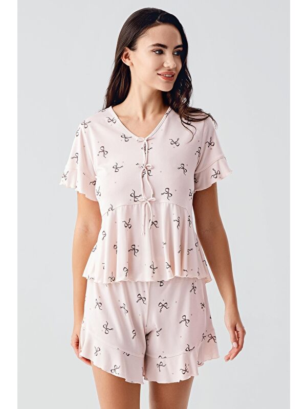 Artış Fiyonk Desenli Kısa Kollu Esnek Viskoz Şort Pijama Takım 17205