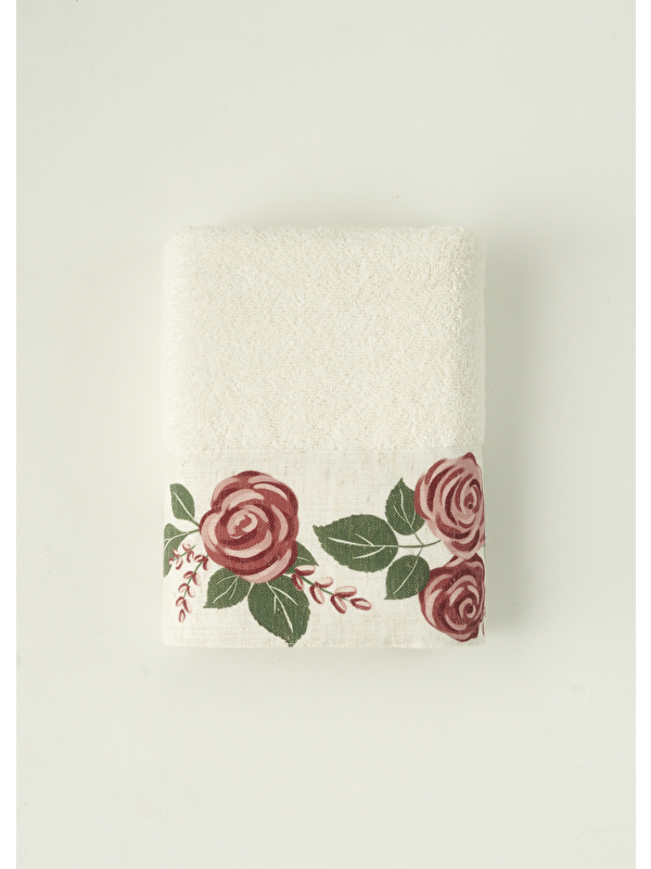 Bella Maison %100 Pamuk Rose Baskılı Yüz Havlusu Krem (50x90 cm)