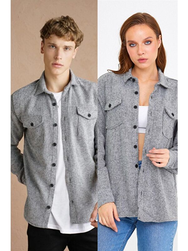 Tarz Cool Gri Çift Cep Kapaklı  unisex Oduncu Gömlek
