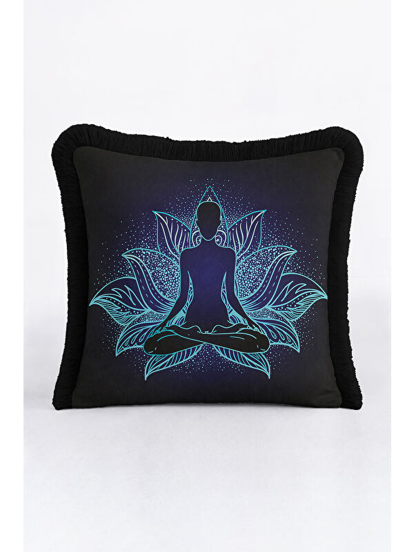 Milbay Grup Lotus Mandala Saçaklı Yastık Kılıfı - Meditasyon Temalı Bohem Siyah Püsküllü Kırlent Kılıfı