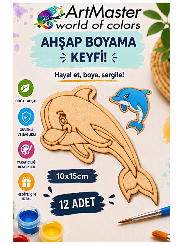 artmaster Ahşap Boyama Yunus Balığı 12 Adet 10x15cm Boyama Deniz Figürü Etkinlik Çoçuk Gelişim Motor Beceri Kr