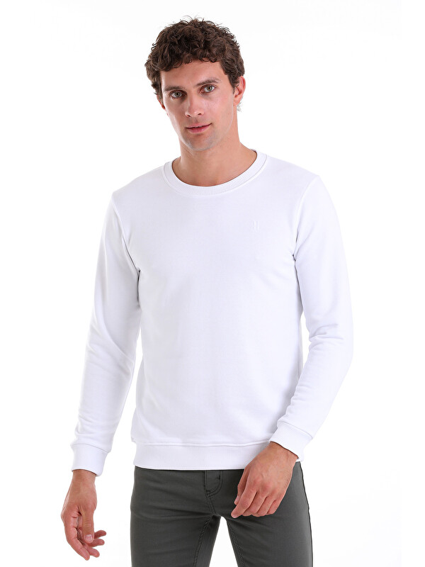 Hatemoğlu Beyaz Regular Fit Düz Pamuklu Bisiklet Yaka Sweatshirt