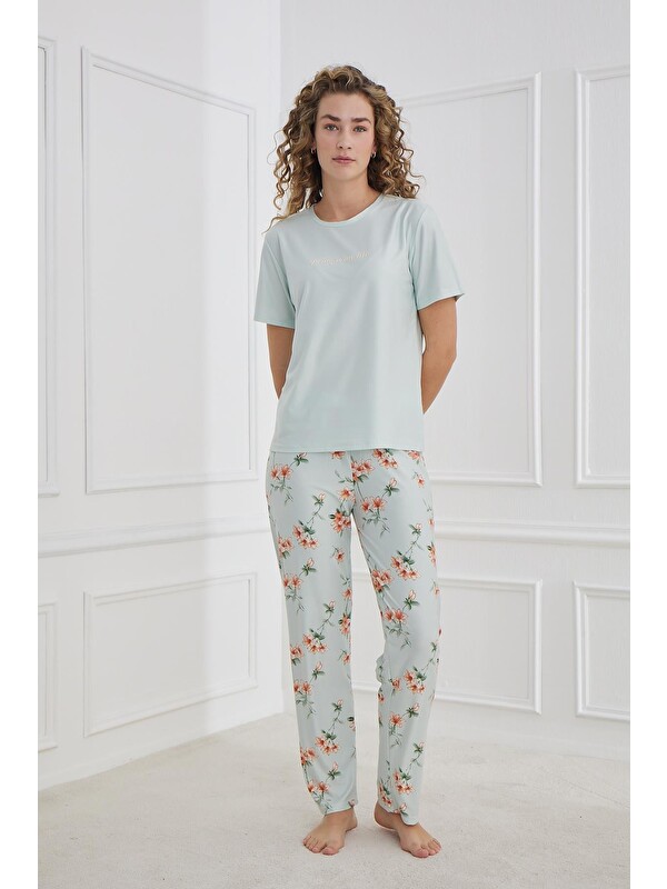 Kompedan Kadın Çiçek Desenli Bisiklet Yaka Pijama Takım | Mint 30102-1286